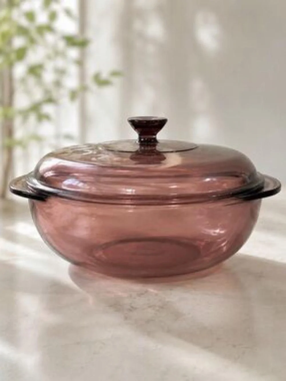 Vintage cranberry Pyrex casserole dish